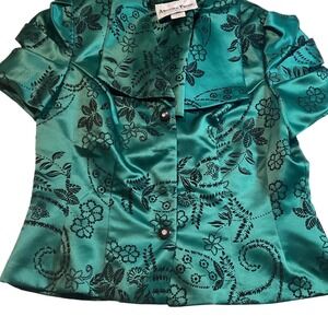 Another Thyme Women's Teal Black Floral Satin Blazer Jacket Size 12